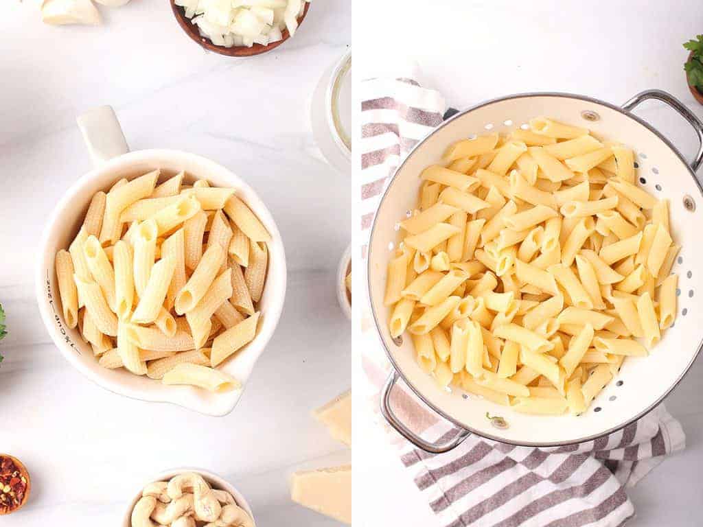 side by side images of uncooked penne in a measuring cup to the left and cooked penne in a white colander on the right