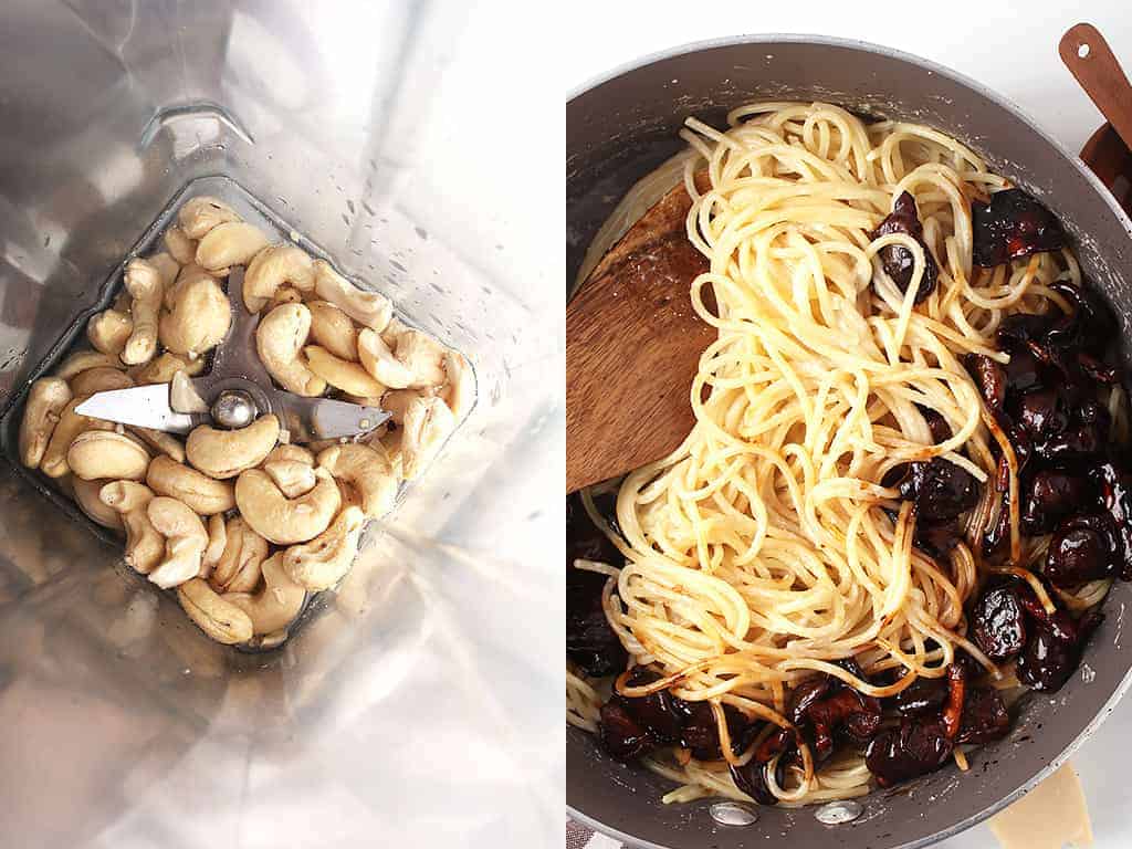 side by side image of raw cashews, water and nooch in a blender on the left, and pan with cooked pasta, vegan mushroom bacon and carbonara sauce on the right