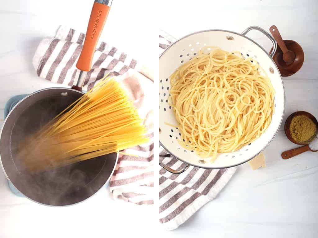 side by side shot of dried spaghetti that has been added to boiling water in a pan, and cooked spaghetti in a white colander