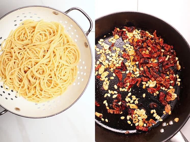 Spaghetti noodles and pine nuts