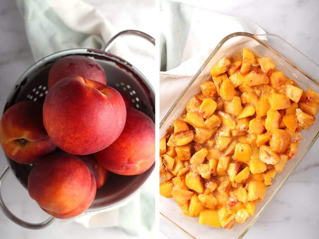 Fresh peaches chopped up and placed inside a glass casserole dish
