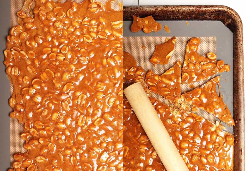 Peanut brittle on a baking sheet