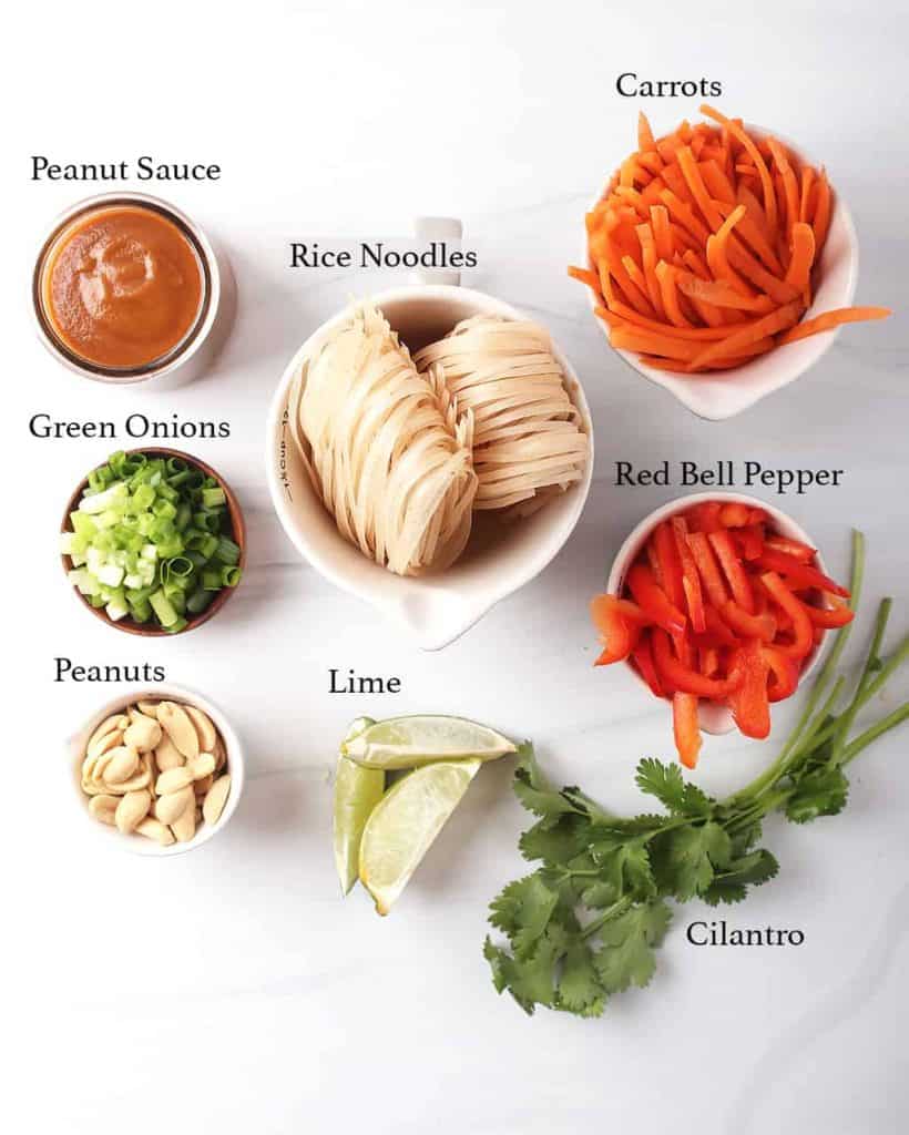 mise en place for vegan Thai peanut noodle recipe - small owls of peanut sauce, sliced green onions, peanuts, rice noodles, lime wedges, carrot and bell pepper matchsticks and fresh cilantro