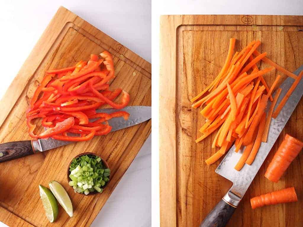 side by side images of julienned bell peppers and julienned carrots on a wooden cutting board with a chef's knife