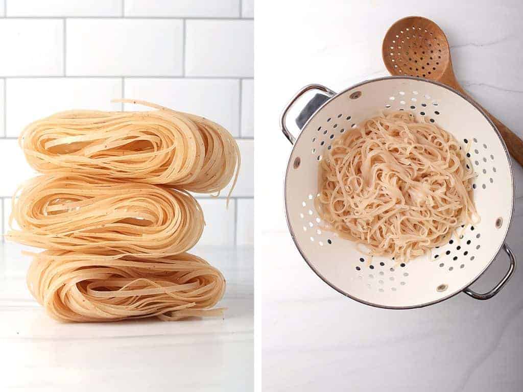 side by side images of raw rice noodles stacked on a counter and cooked rice noodles in a white colander