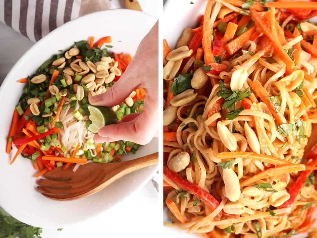 side by side images. hand squeezing lime onto Thai peanut noodle salad prior to tossing on the left and a close up shot of completed Thai peanut noodle salad on the right