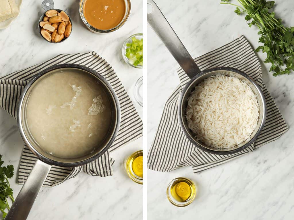 Left: Uncooked rice and water in a saucepan. Right: Cooked and fluffed white rice. 
