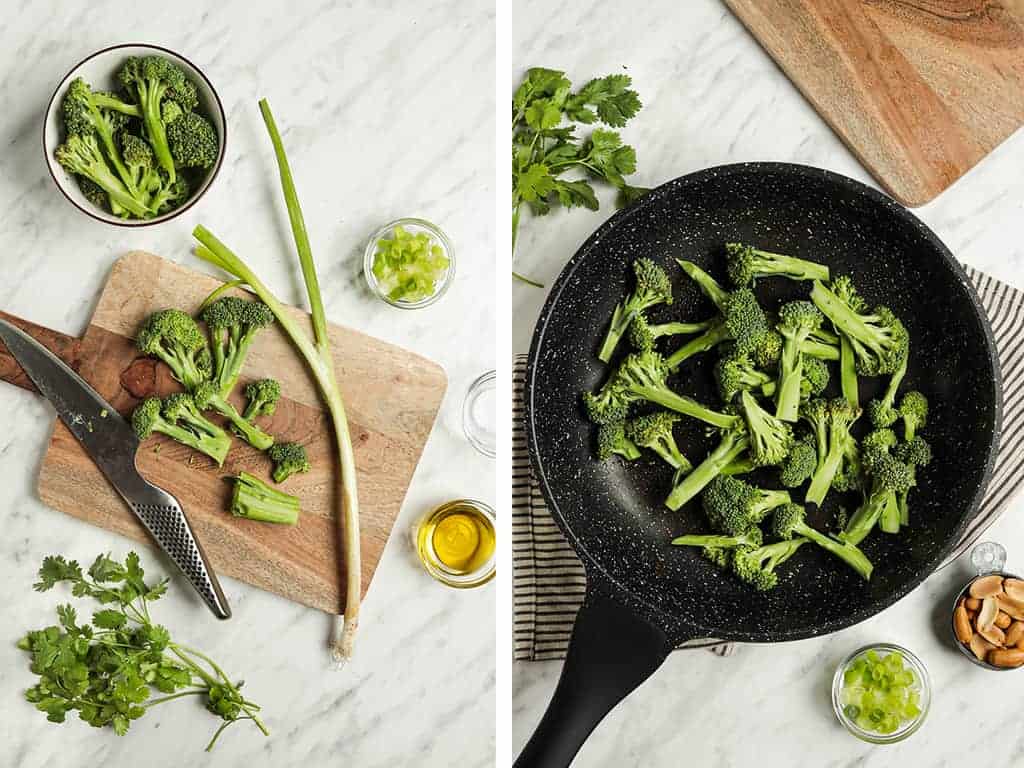 Broccolini cut up into small bite sized florets and cooked in a black skillet 