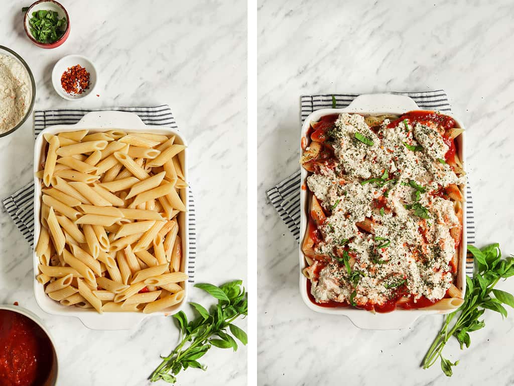 two images showing penne pasta in baking dish for baked ziti then adding marinara sauce and ricotta cheese to the pasta with basil and herbs