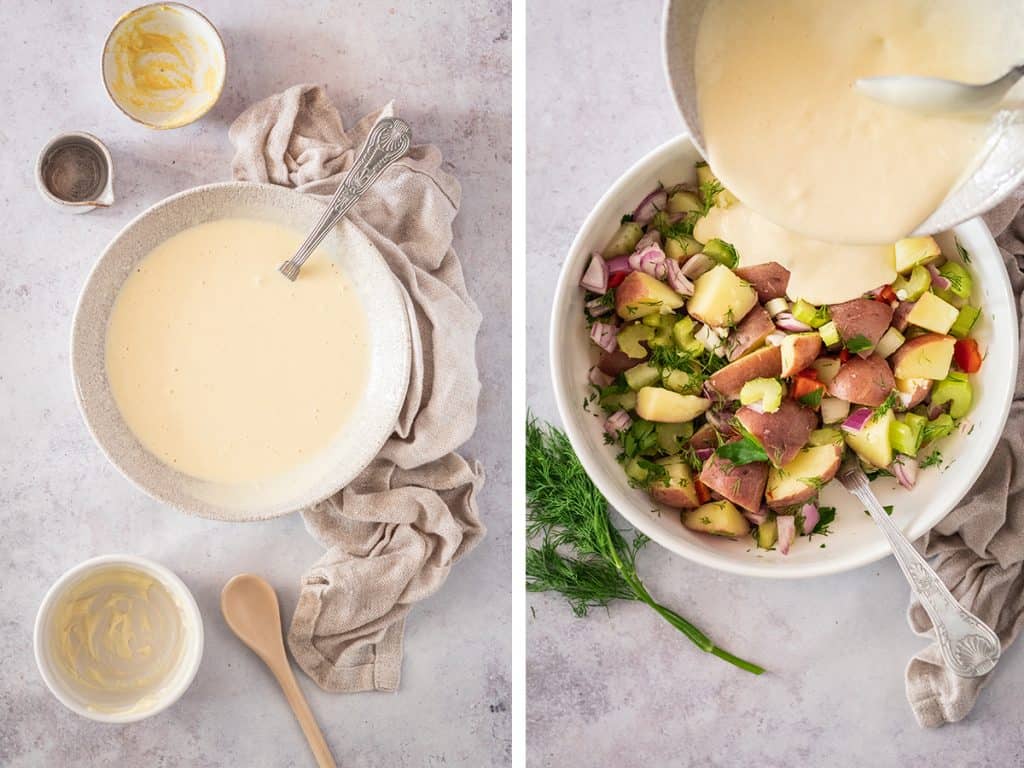 Creamy potato salad dressing poured over the potatoes and vegetables