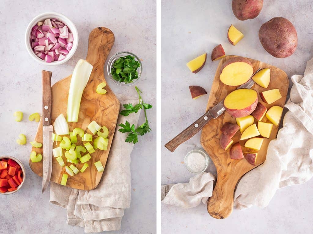 Chopped celery and potatoes on a wooden cutting board