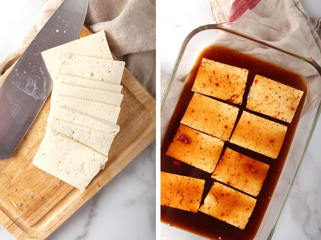 Thinly sliced and marinated tofu