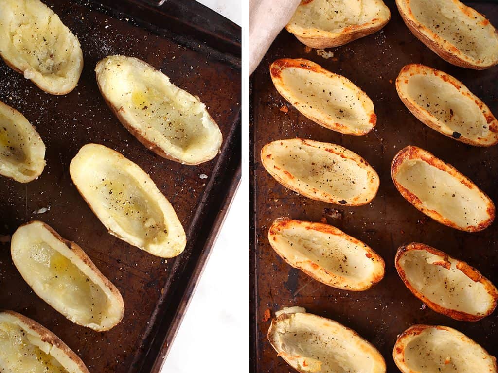 Halved and hallowed potatoes on a sheet pan