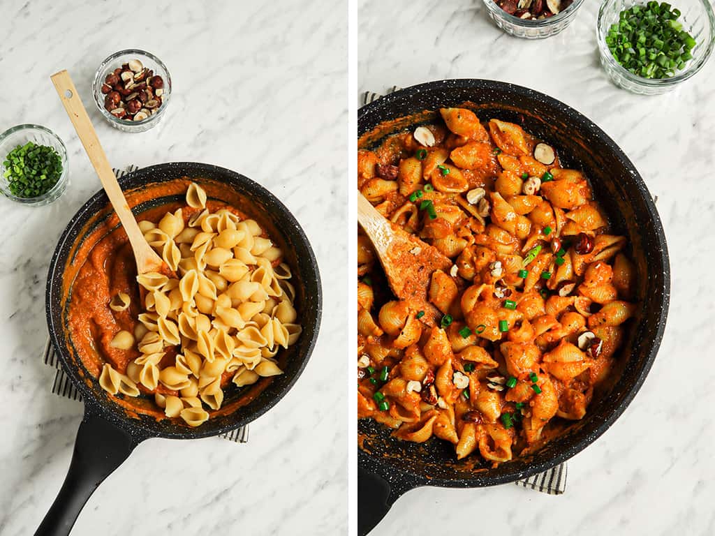 one photo of cooked pasta being stirred into skillet with vegan alfredo sauce made with pumpkin. Second photo is pasta mixed with sauce in skillet with chives and hazlenuts with wooden spoon. 