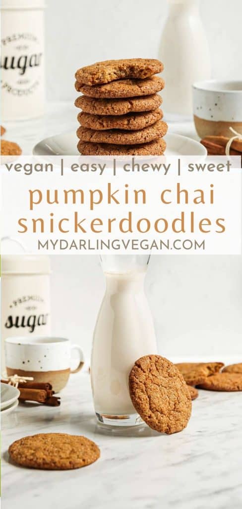 two photos of pumpkin snickerdoodles with milk and text in the center