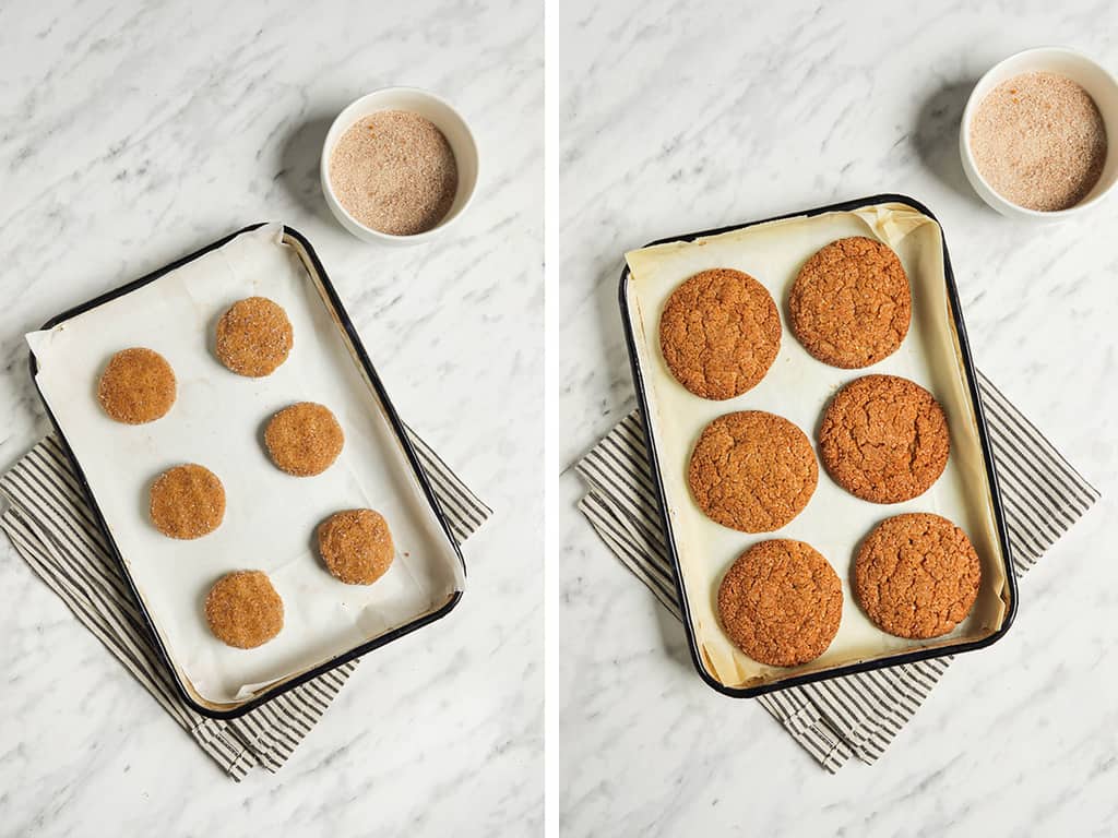 six cookies on a baking sheet with parchment paper next to cinnamon sugar