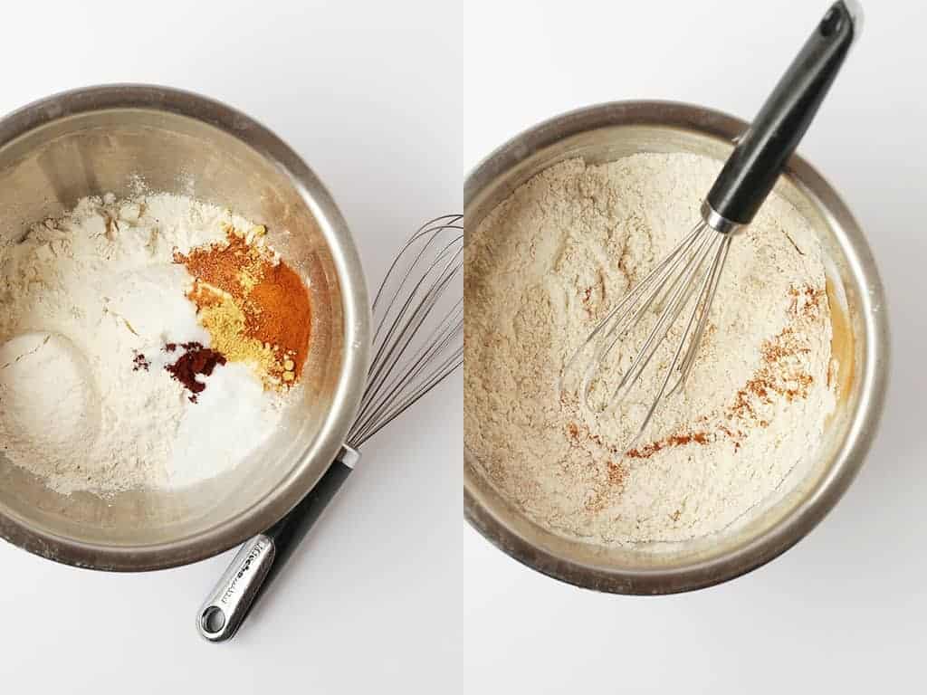 Flour and spices mixed together in a metal mixing bowl