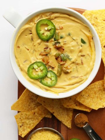 Finished vegan queso in a white bowl