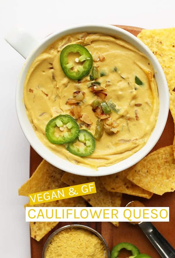 A delicious vegan queso dip made with sautéed cauliflower, raw cashews, and nutritional yeast. Serve with your favorite tortilla chips. #vegan #vegancheese #veganqueso #veganrecipes #partyfood
