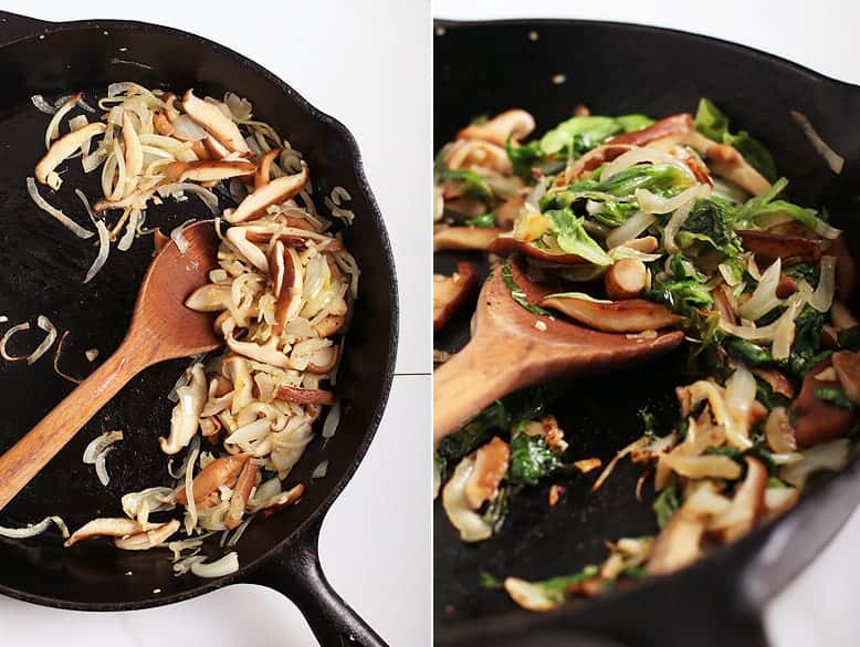 Caramelized onions and mushrooms in skillet