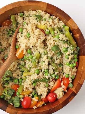 Vegan Quinoa Salad in a wooden salad bowl