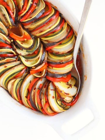 Finished ratatouille in a white baking dish