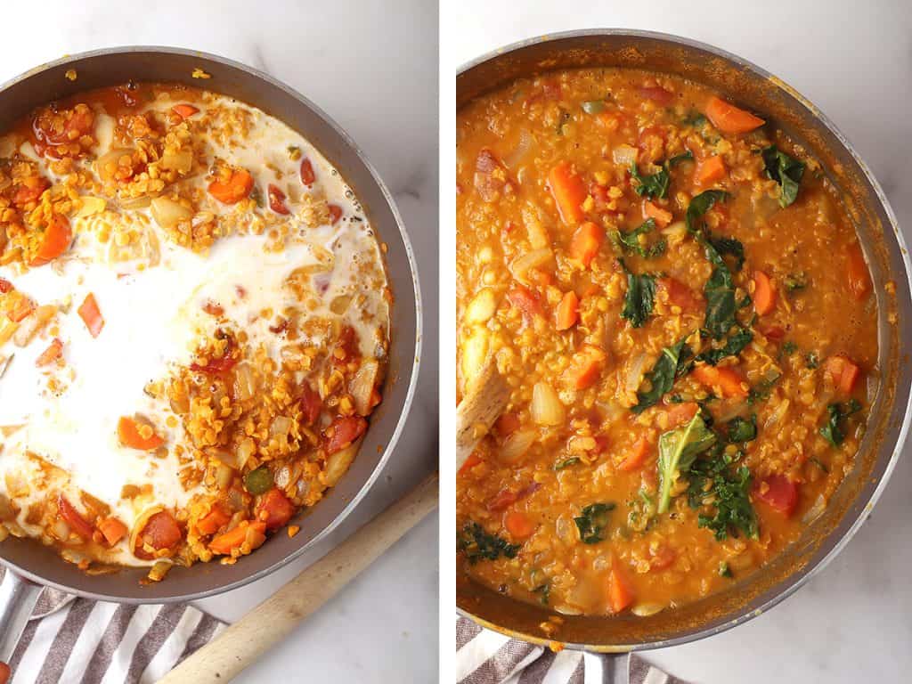 side by side images of coconut milk added to skillet on the left, and completed red lentil dahl in the skillet on the right