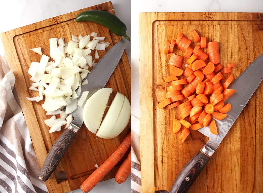 side by side images of an onion being chopped on a wooden cutting board on the left, and carrots being chopped on a wooden cutting board on the right