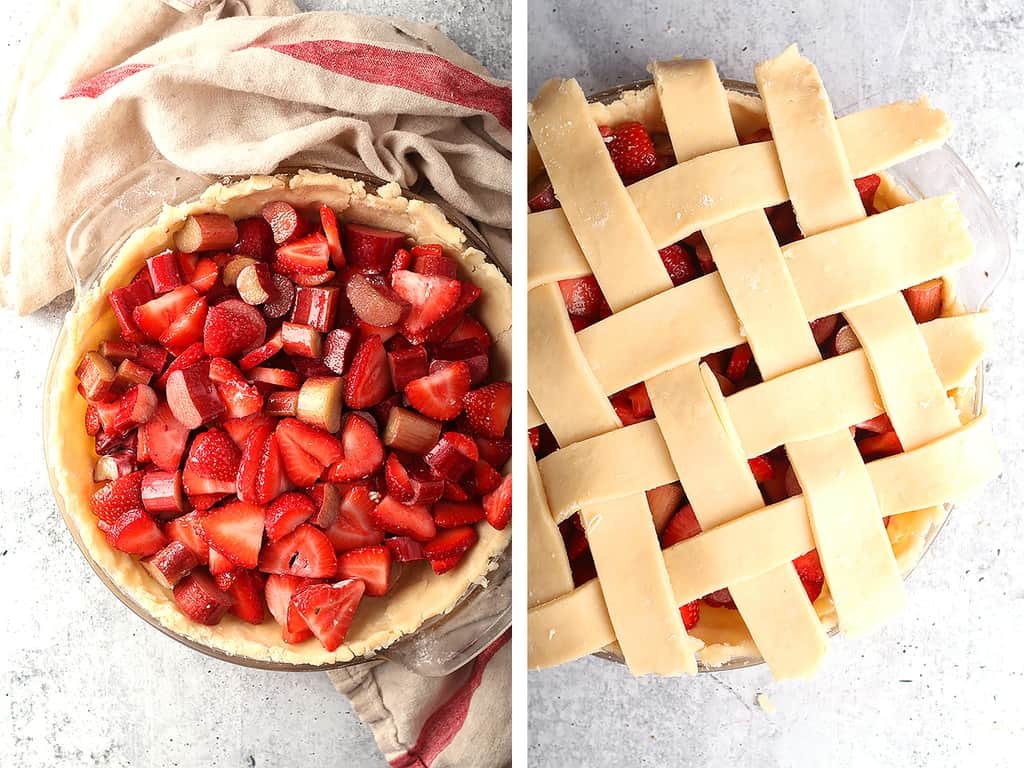 Strawberries and rhubarb inside an unbaked pie crust