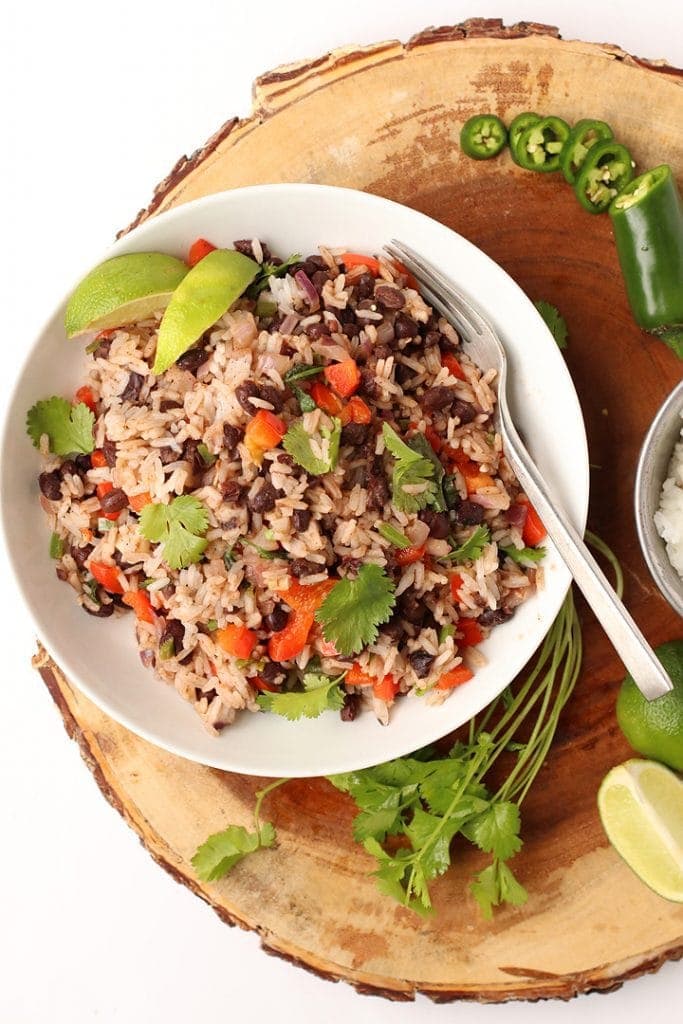 Black beans and rice in a white bowl