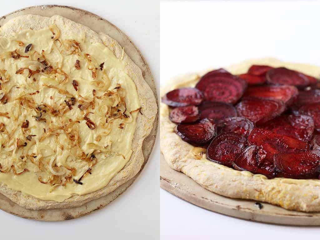 Pizza dough with caramelized onions and roasted beets