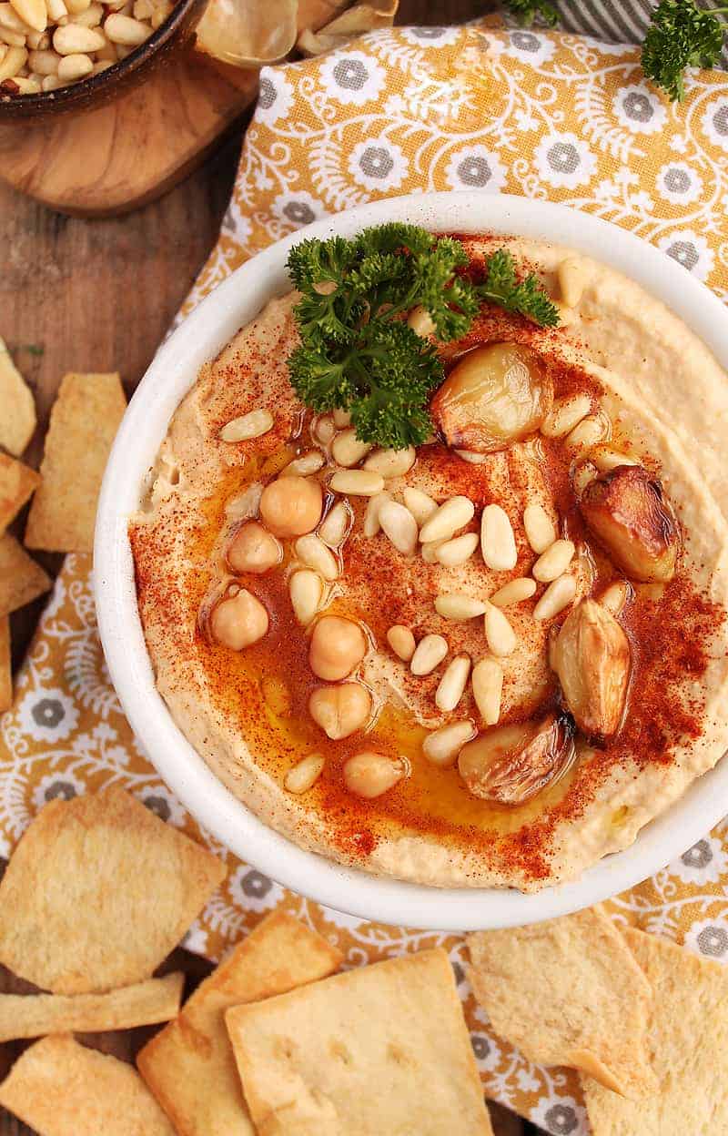 Roasted Garlic Hummus with pine nuts and paprika