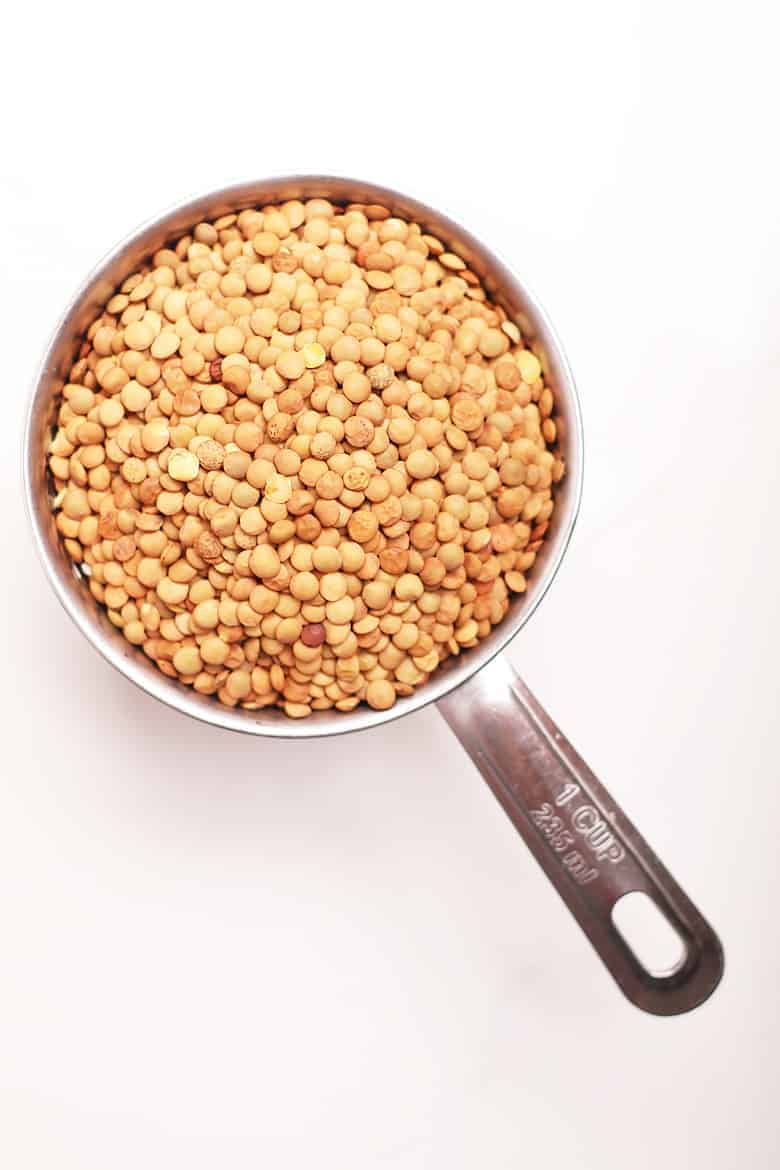 Dry brown lentils in a measuring cup