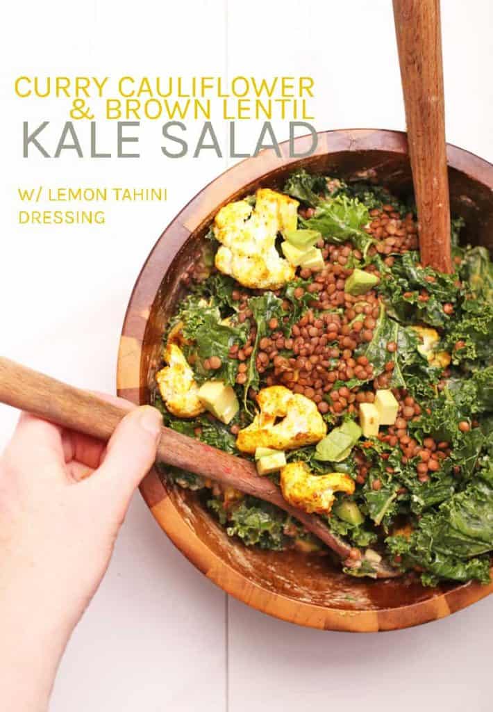 Enjoy the vibrant flavors of curried cauliflower, sea salt massaged kale, and lemon tahini dressing in this warm kale salad. A hearty, vegan, and gluten-free entree salad that you will absolutely love.