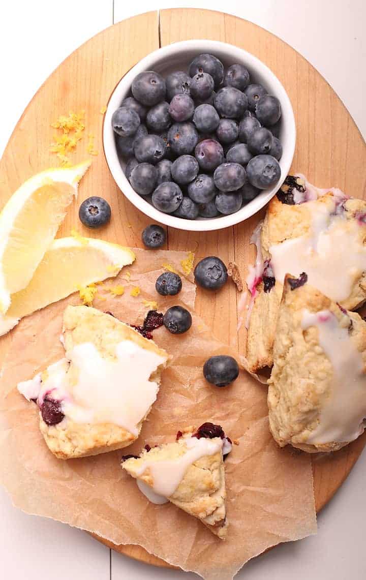 Blueberry Scones on a wooden platter