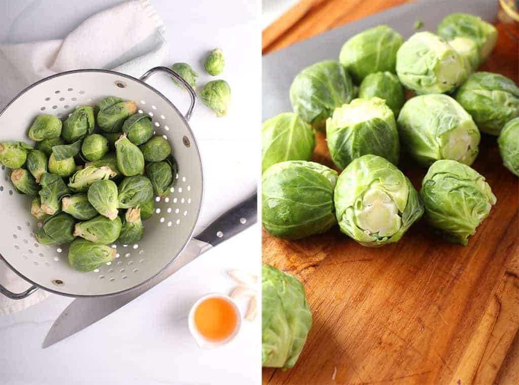 side by side image of brussels sprouts in a white colander on the left and with the root ends trimmed off on a wooden cutting board on the right