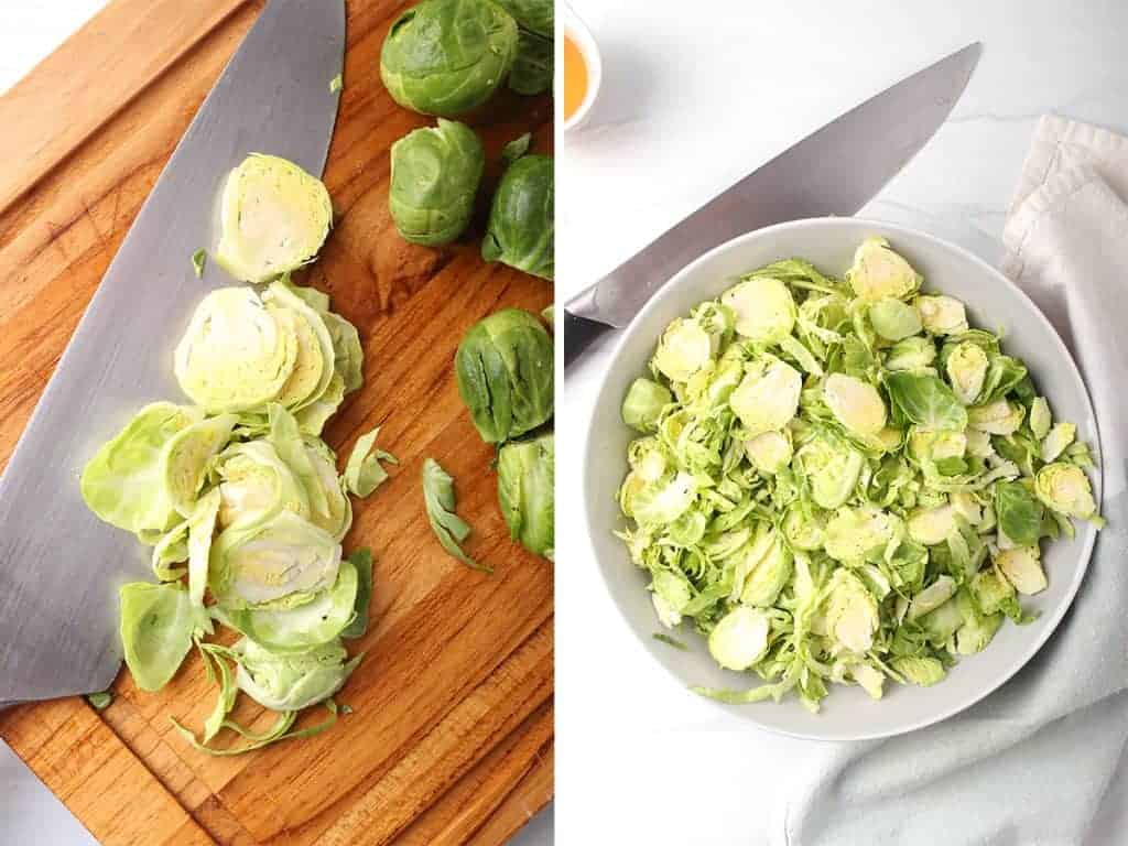 side by side image of brussels sprouts being sliced with a chef's knife on a cutting board on the left, and a bowl of sliced brussels sprouts on the right