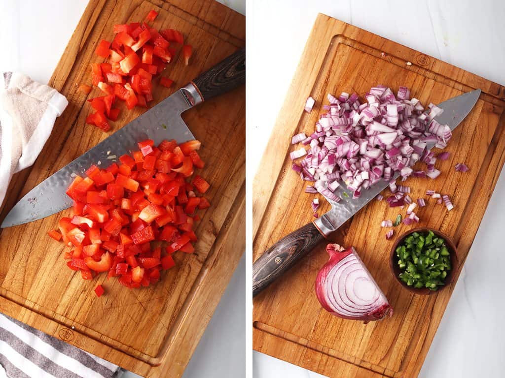 side by side images of a red bell pepper being chopped on a wooden cutting board on the left, and a red onion being cut on the right