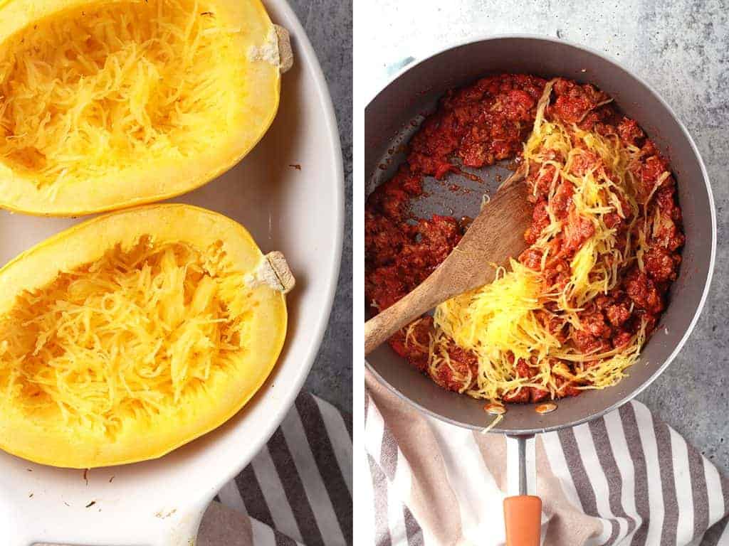 Shredded spaghetti squash in a large skillet with homemade meat sauce