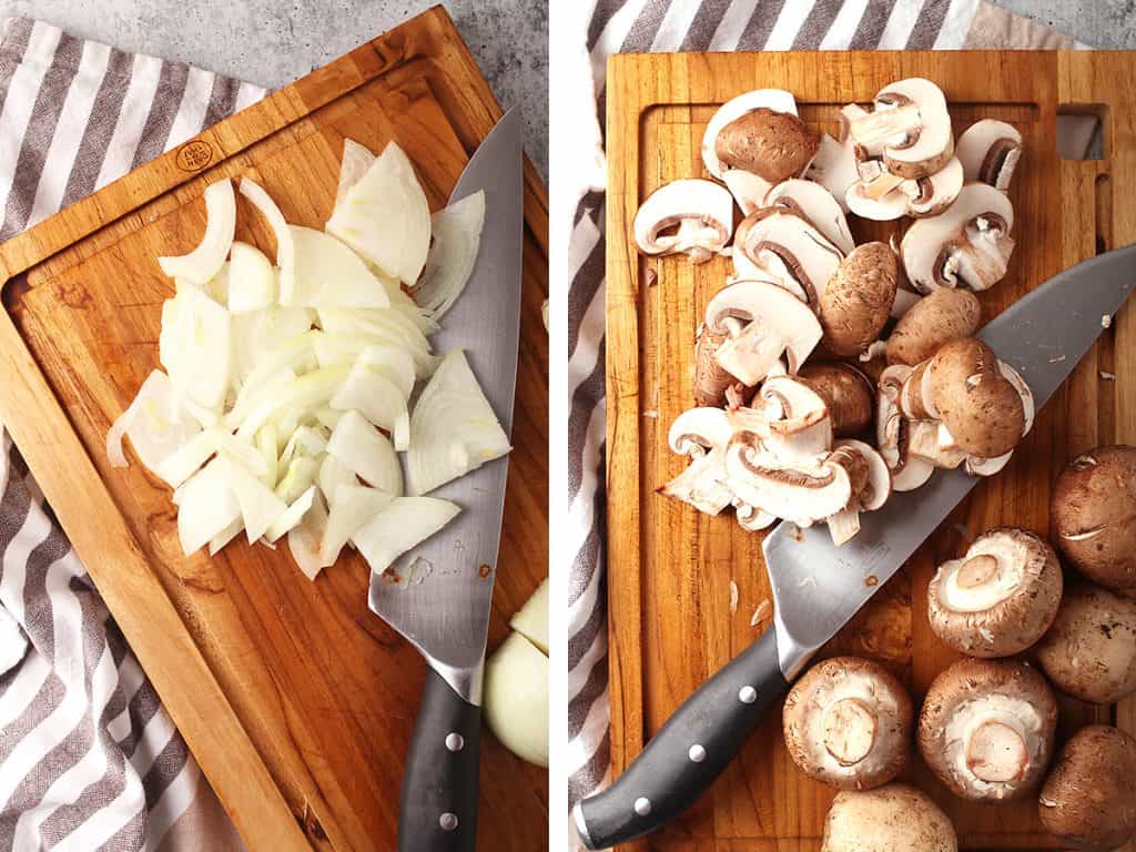 side by side images of sliced onions on a cutting board on the left, and sliced mushrooms on a cutting board on the right