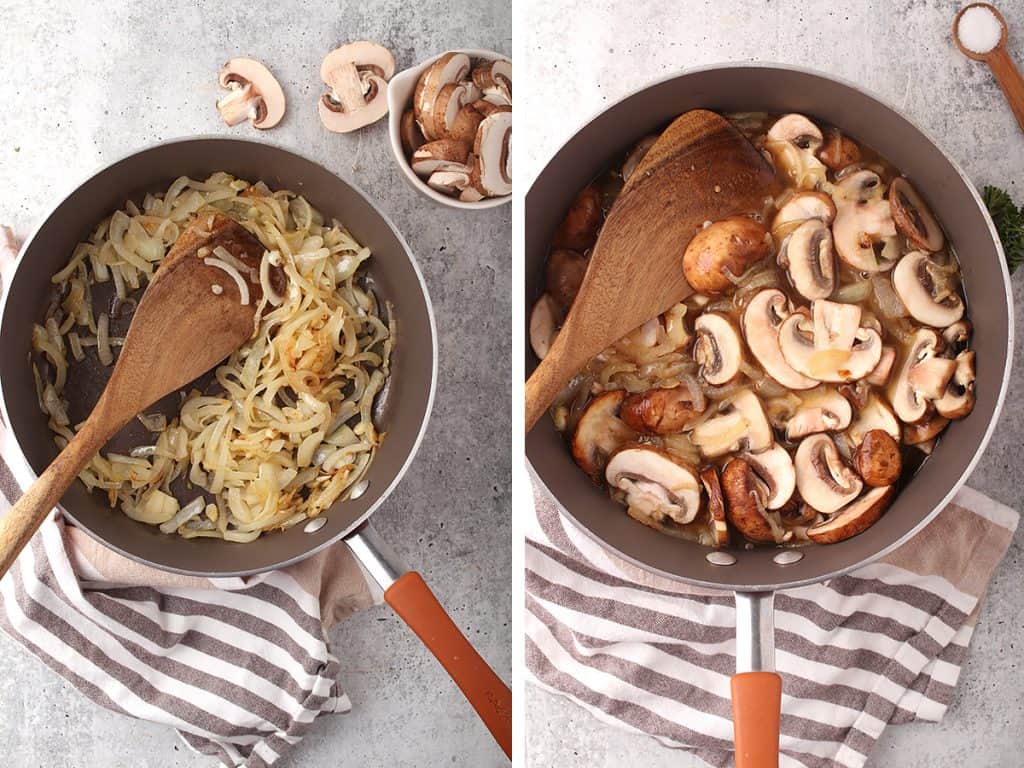 side by side images of onions caramelizing in a pan on the left, and mushrooms added to the pan on the right