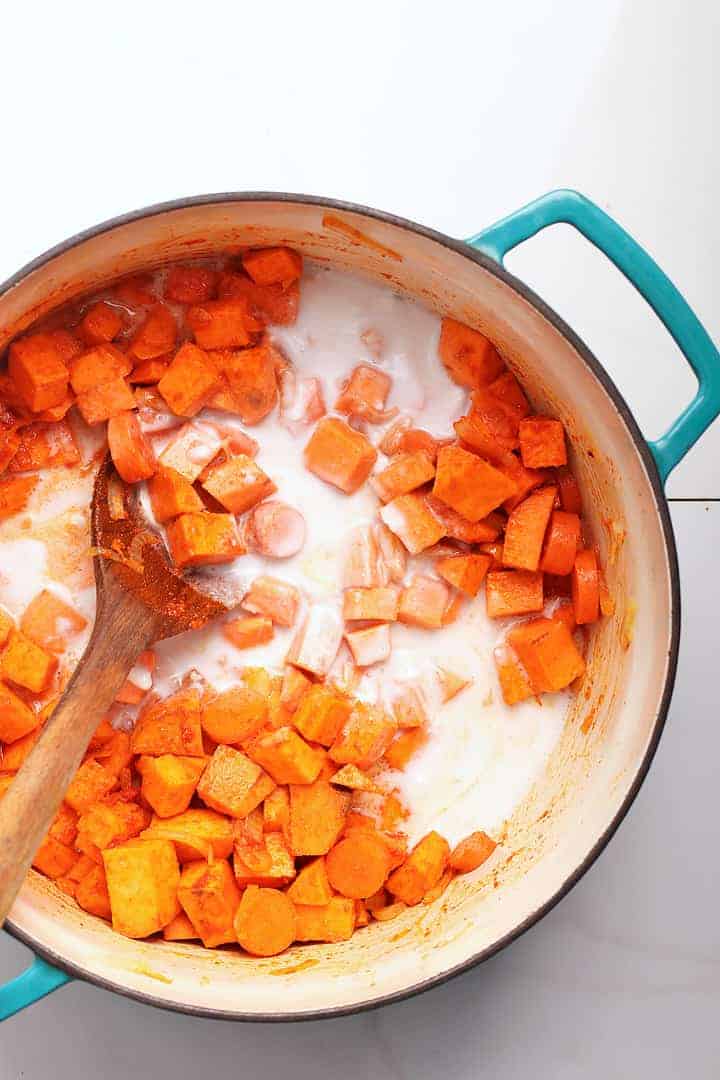 Sweet Potatoes and Coconut Milk in a soup bowl