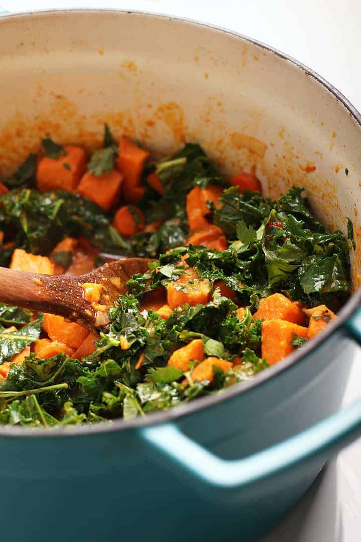 Sweet Potatoes and Kale in a soup pot