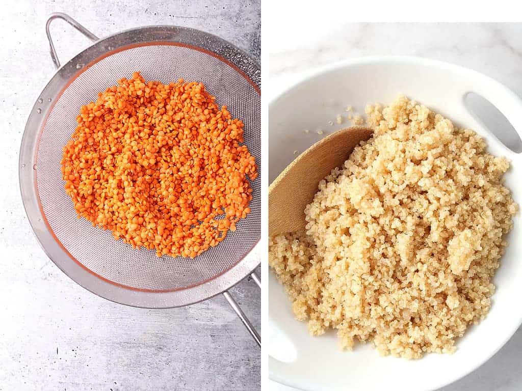 Red lentils in a fine mesh strainer and cooked quinoa in a white bowl