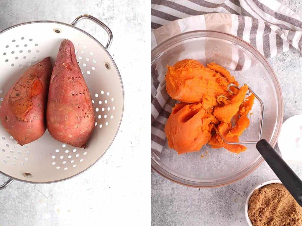Two sweet potatoes baked and mashed in a bowl