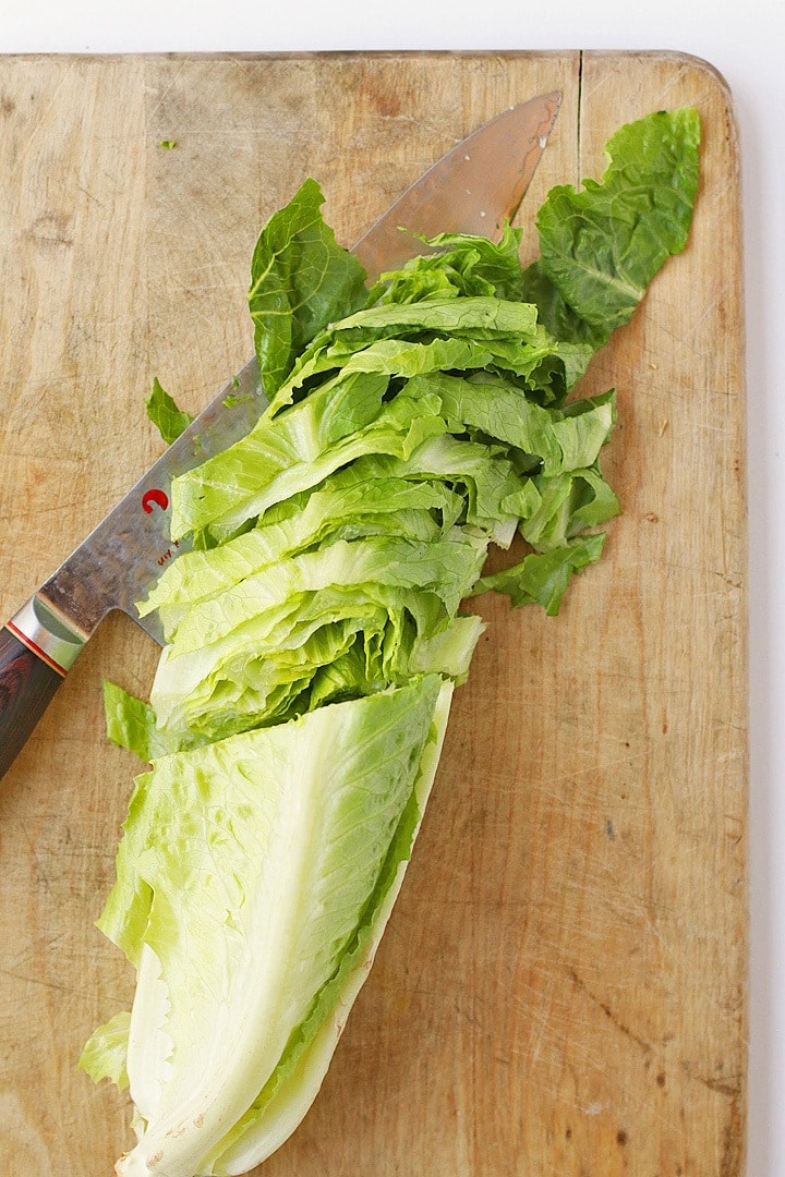 Chopped Romaine Lettuce on a cutting board