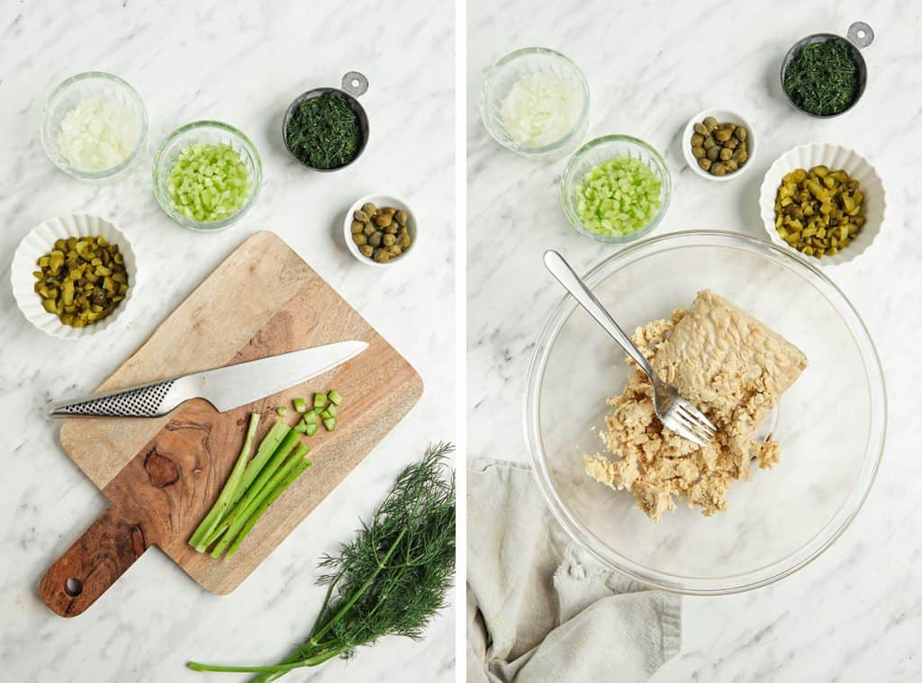 Left: Chopped celery on a cutting board. Right: Mashed tempeh in a glass bowl. 