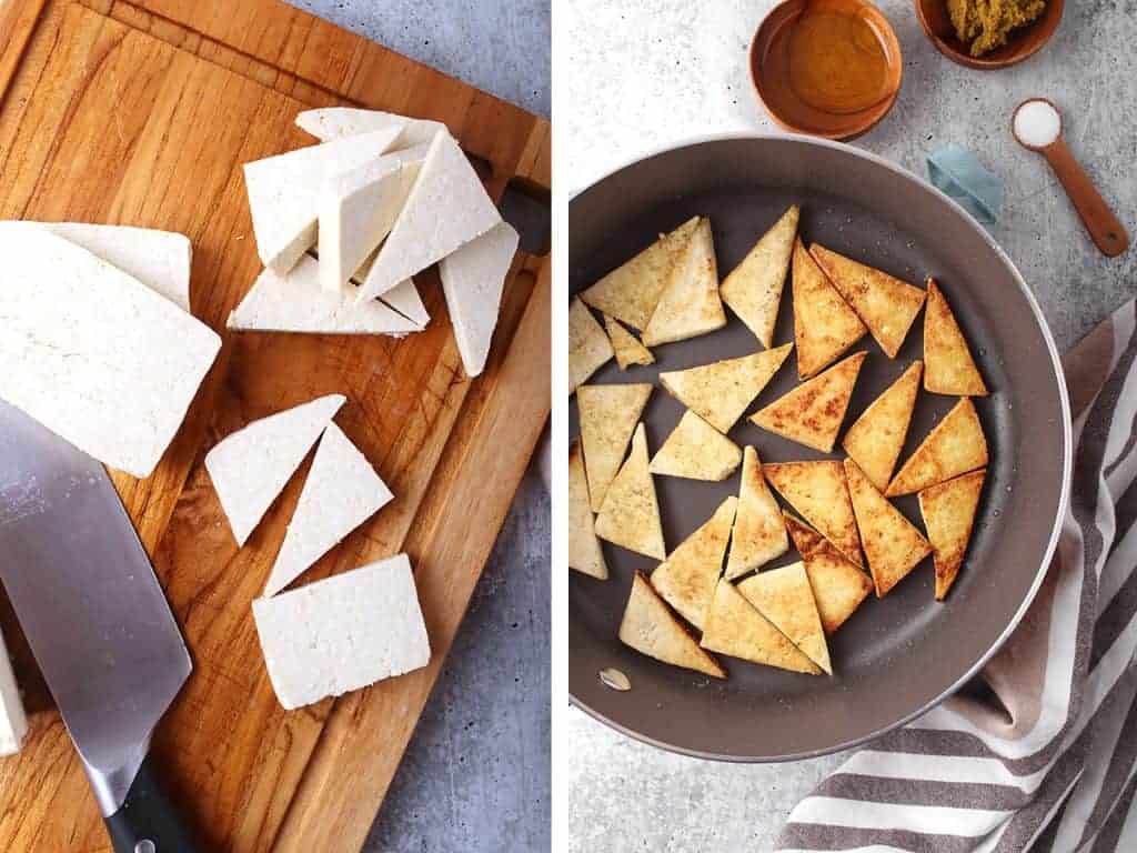 Tofu cut into triangles and lightly pan-freid