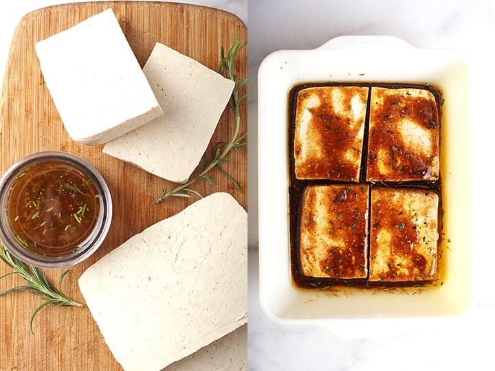 Thick slices of tofu marinated in casserole dish