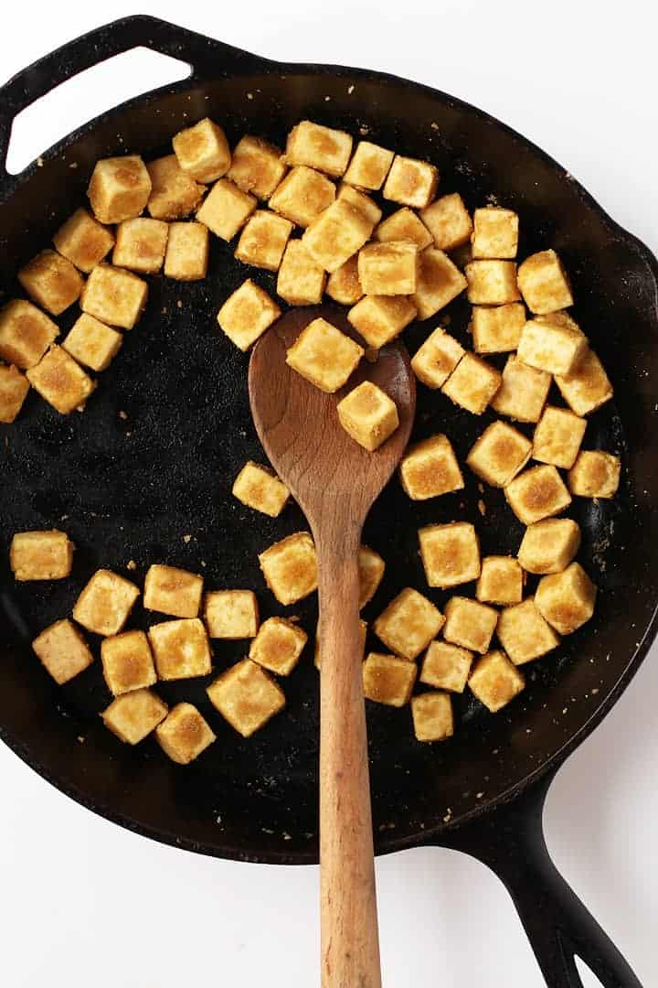 Crispy tofu in a cast iron skillet